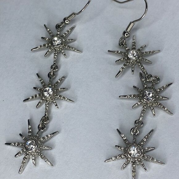 3 Star Sparkle Snowflake Star Drop Earrings 2.5” - Picture 1 of 5